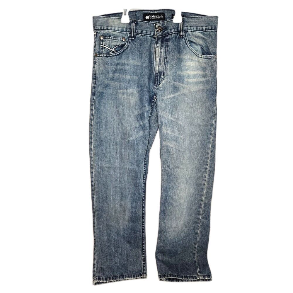 Men's Ecko Unltd Embroidered Slim Straight Jeans | Men's 34x32 | Y2K Blue Denim